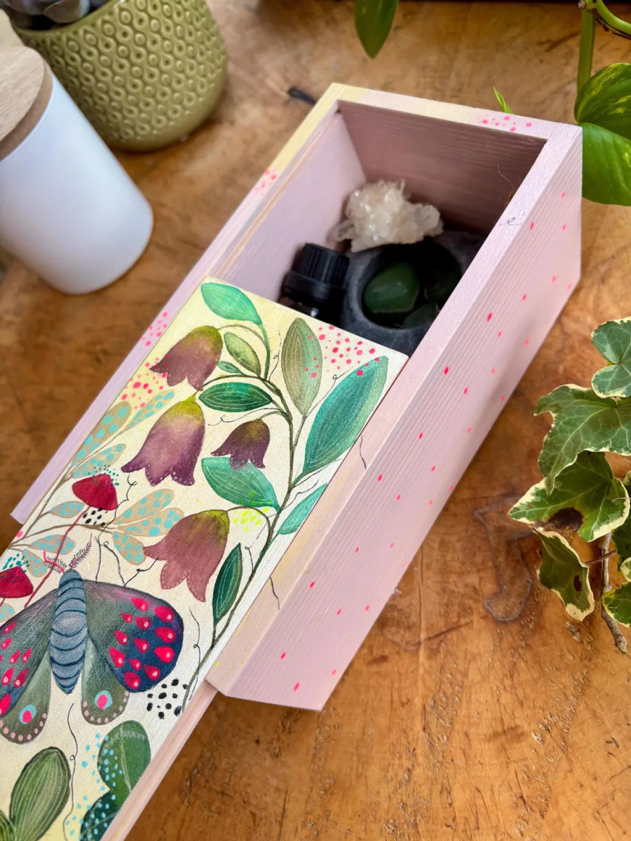 Hand - Painted Wooden Trinket Box – Moth & Bellflower Botanical Design - Erika's Whimsical Art