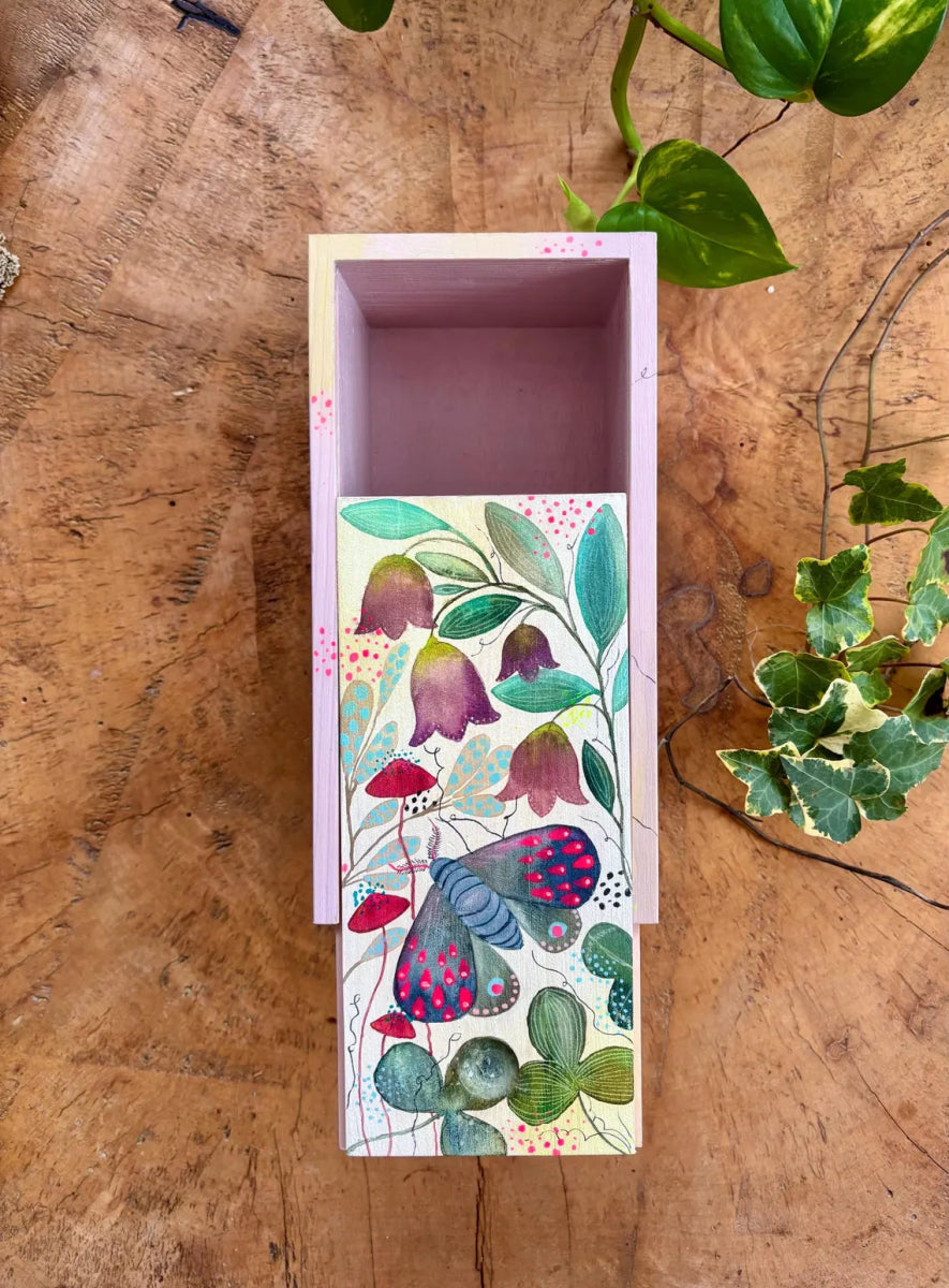 Hand - Painted Wooden Trinket Box – Moth & Bellflower Botanical Design - Erika's Whimsical Art