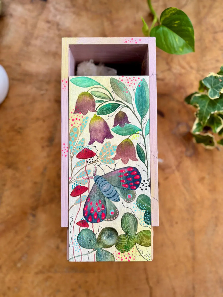 Hand - Painted Wooden Trinket Box – Moth & Bellflower Botanical Design - Erika's Whimsical Art