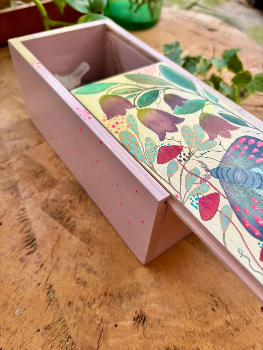 Hand - Painted Wooden Trinket Box – Moth & Bellflower Botanical Design - Erika's Whimsical Art