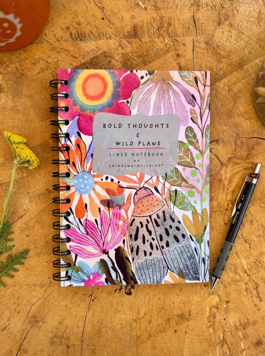 Handmade A5 Floral Notebook: Bold Thoughts & Wild Plans - Erika's Whimsical Art