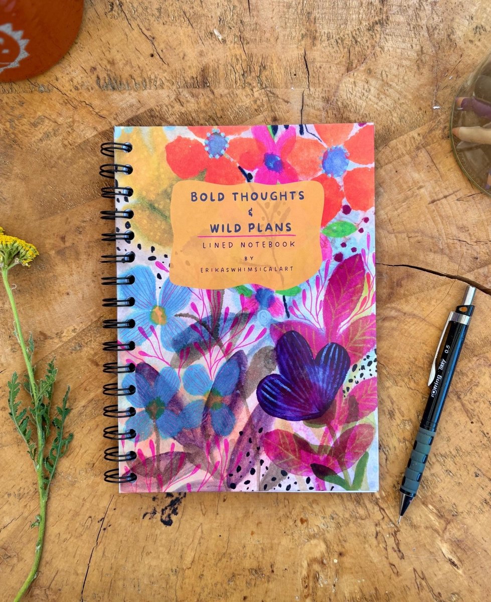 Handmade A5 Floral Notebook: Bold Thoughts & Wild Plans - Erika's Whimsical Art