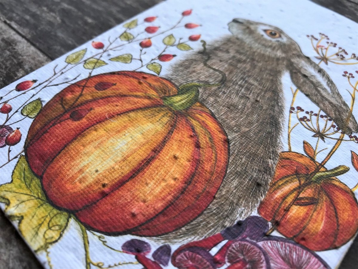 Hare & Pumpkin Plantable Seed Paper Card: Eco - Friendly Greeting - Erika's Whimsical Art
