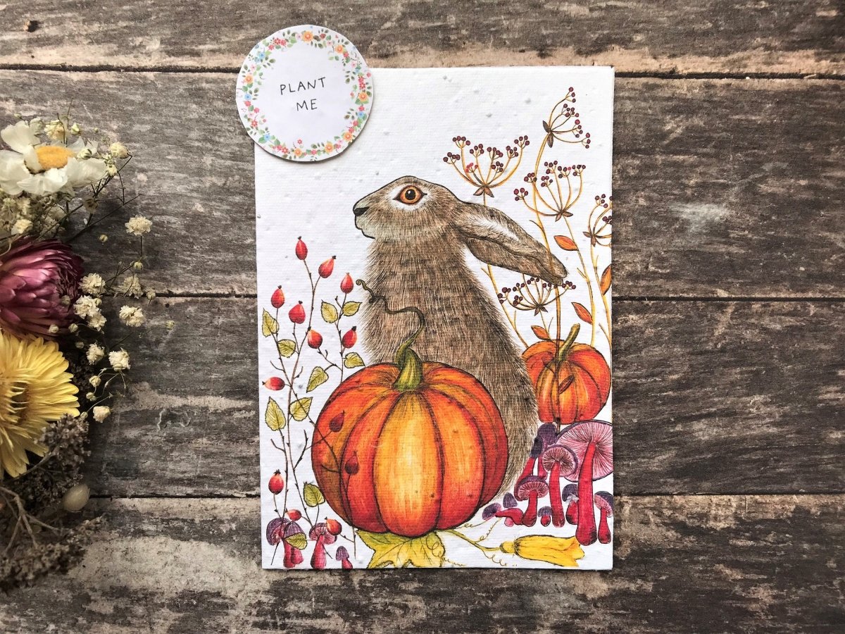 Hare & Pumpkin Plantable Seed Paper Card: Eco - Friendly Greeting - Erika's Whimsical Art