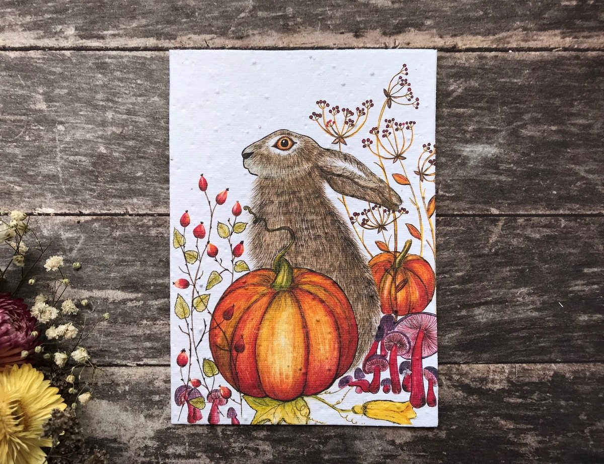 Hare & Pumpkin Plantable Seed Paper Card: Eco - Friendly Greeting - Erika's Whimsical Art