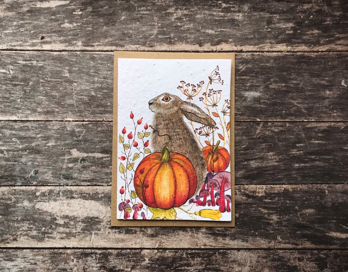 Hare & Pumpkin Plantable Seed Paper Card: Eco - Friendly Greeting - Erika's Whimsical Art
