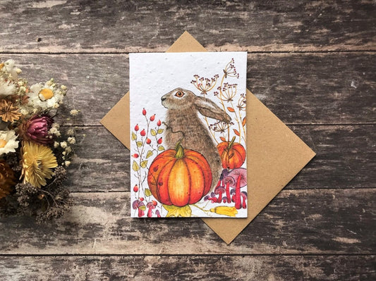 Hare & Pumpkin Plantable Seed Paper Card: Eco - Friendly Greeting - Erika's Whimsical Art