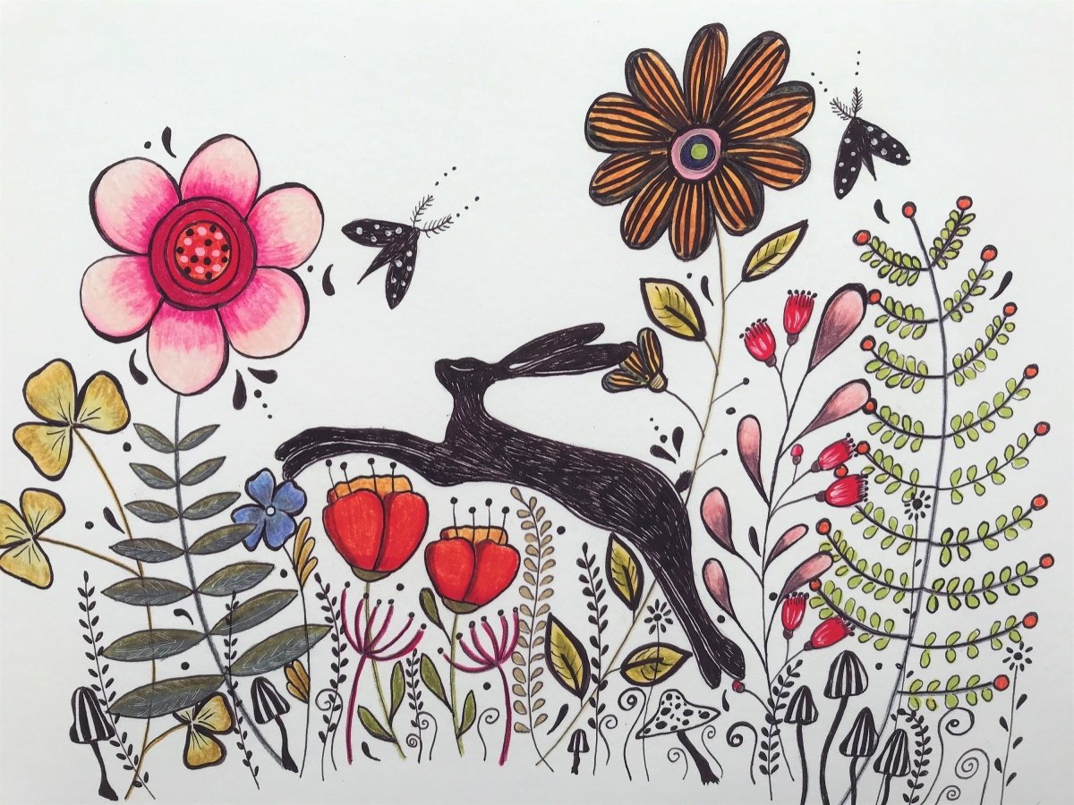 Hare wall art, Hares, Woodland animal print,A4 Art Print, Home Décor, Yellow wall art, Floral wall art, Hare print, Kitchen Print - Erika's Whimsical Art