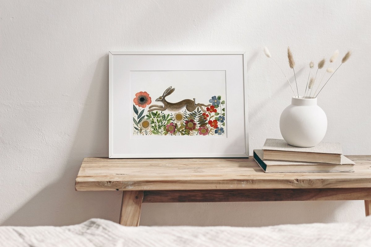 Hare wall art, Hares, Woodland animal print,A4 Art Print, Home Décor, Yellow wall art, Floral wall art, Hare print, Kitchen Print - Erika's Whimsical Art