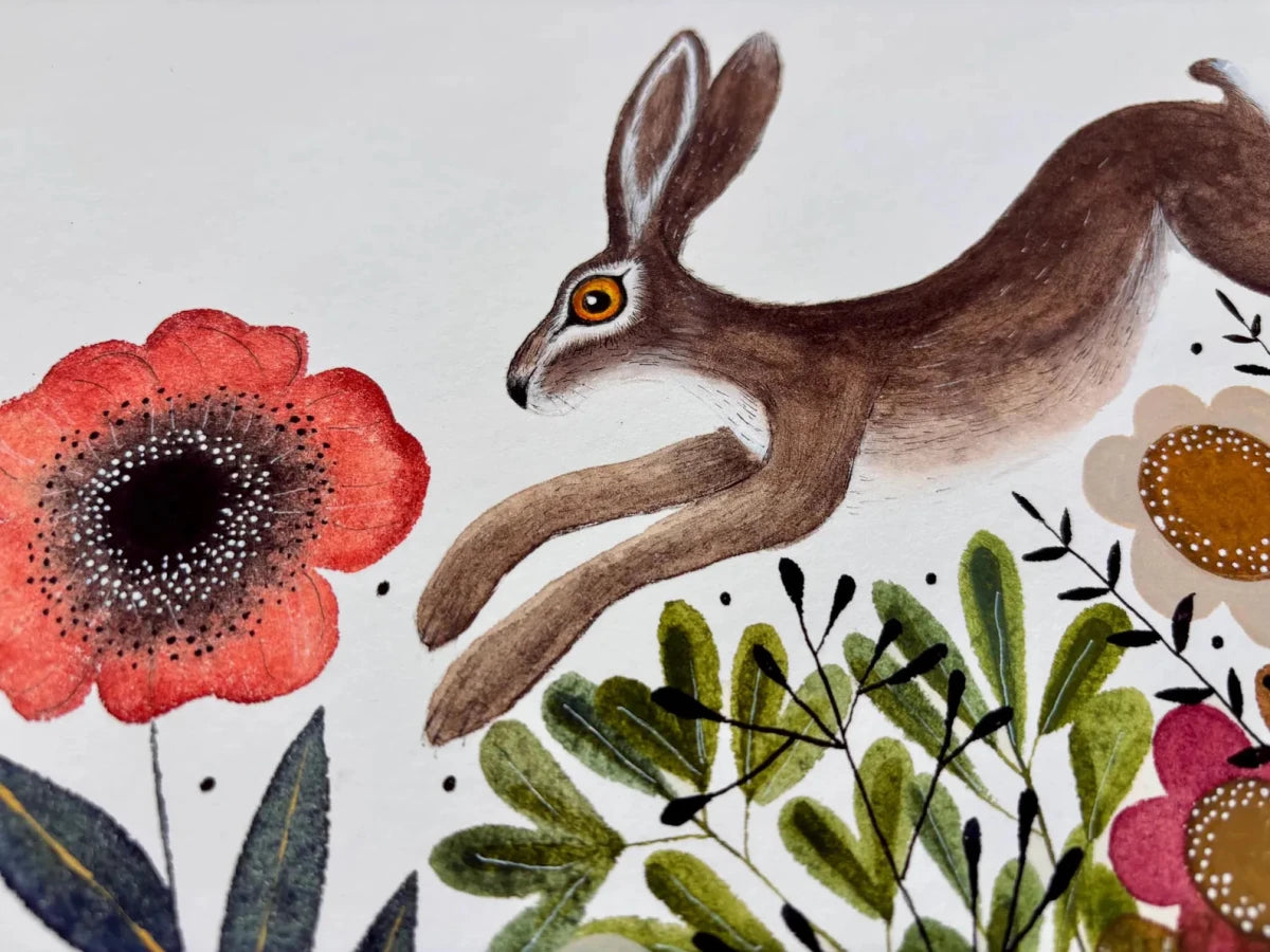 Hare wall art, Hares, Woodland animal print,A4 Art Print, Home Décor, Yellow wall art, Floral wall art, Hare print, Kitchen Print - Erika's Whimsical Art