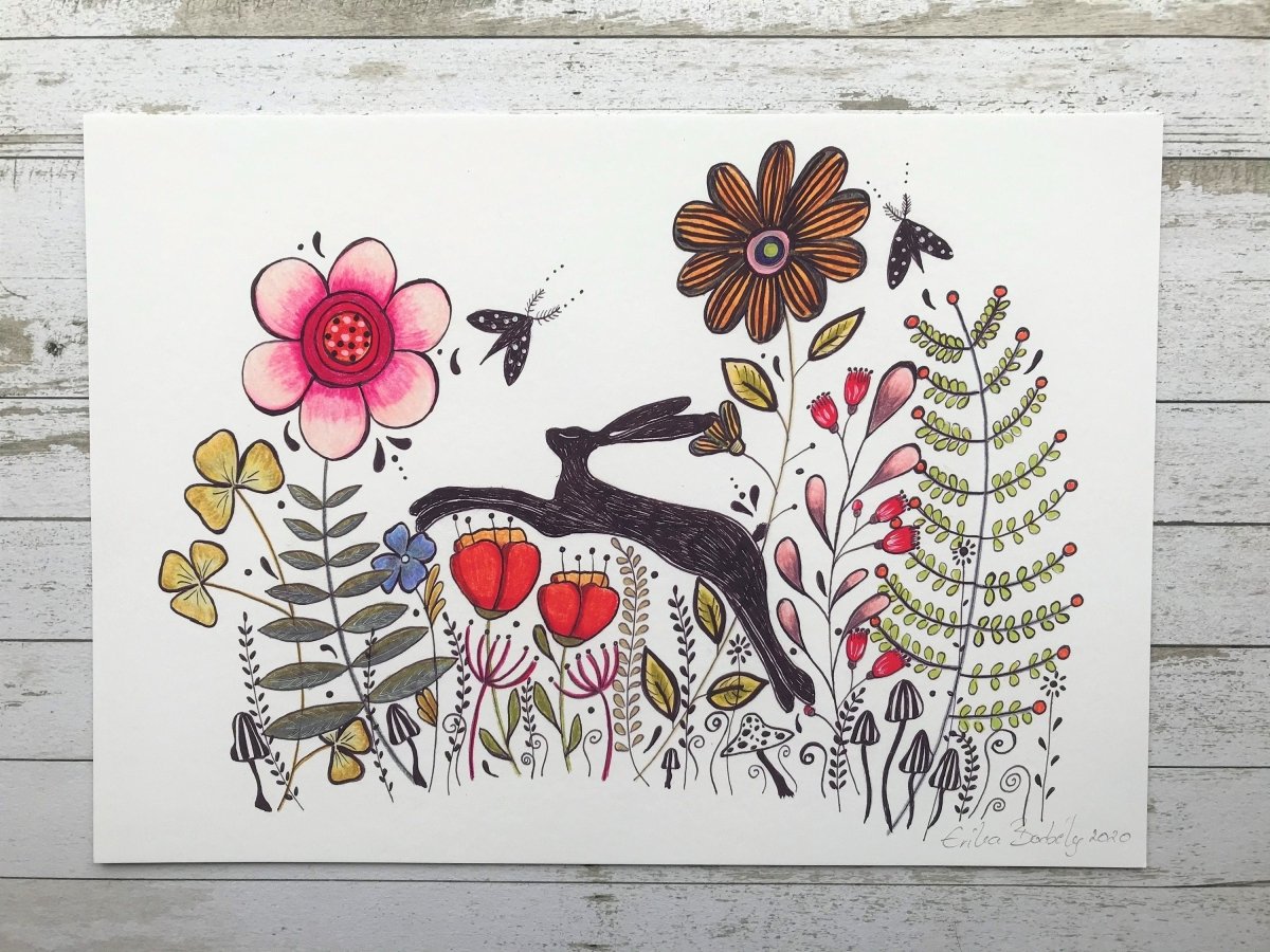 Hare wall art, Hares, Woodland animal print,A4 Art Print, Home Décor, Yellow wall art, Floral wall art, Hare print, Kitchen Print - Erika's Whimsical Art