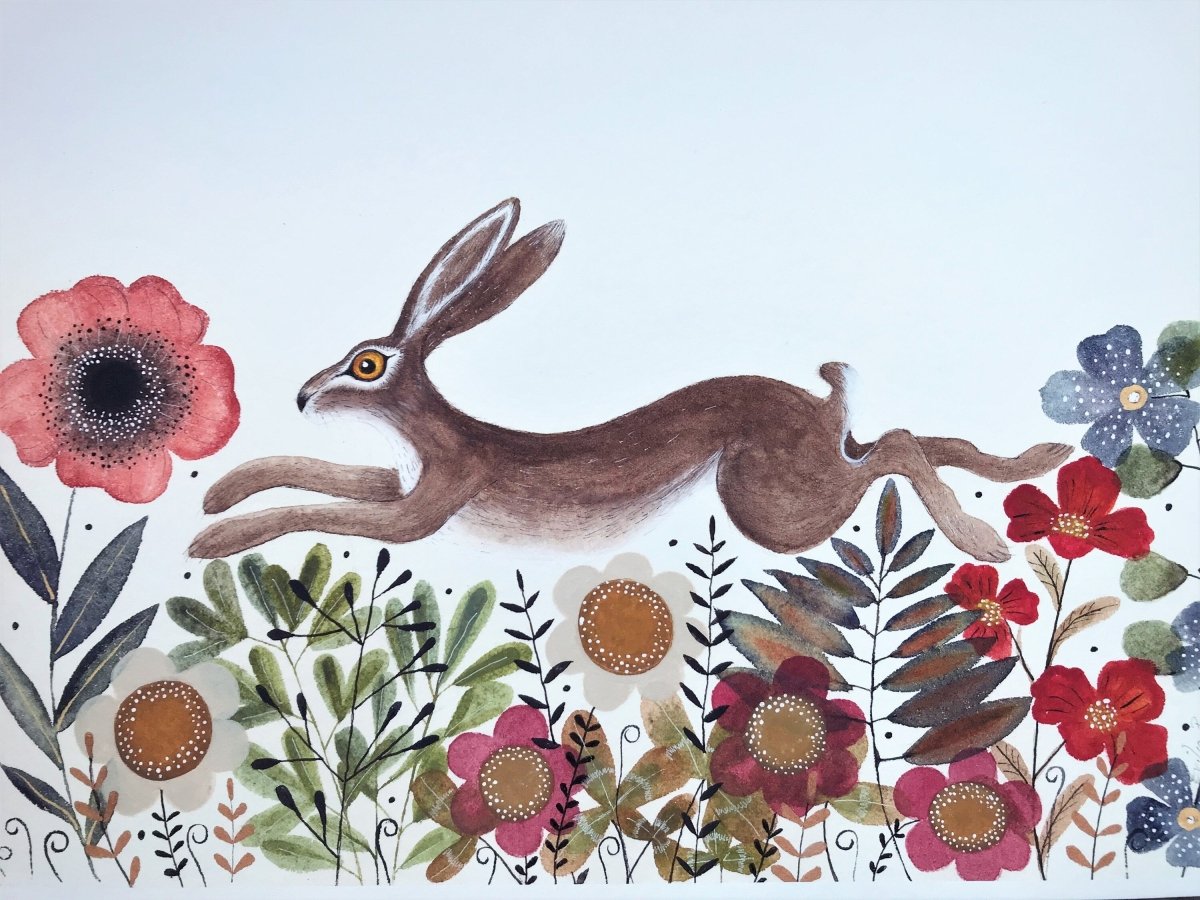 Hare wall art, Hares, Woodland animal print,A4 Art Print, Home Décor, Yellow wall art, Floral wall art, Hare print, Kitchen Print - Erika's Whimsical Art