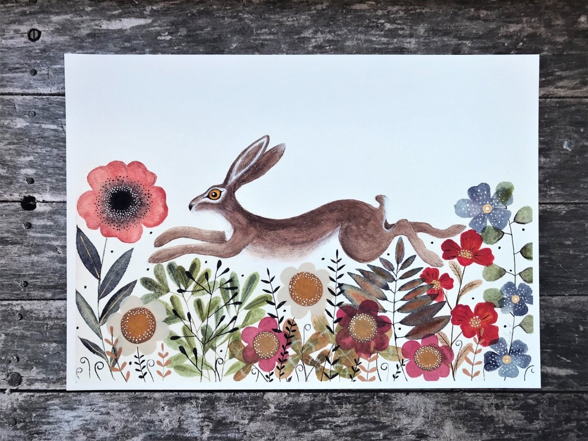 Hare wall art, Hares, Woodland animal print,A4 Art Print, Home Décor, Yellow wall art, Floral wall art, Hare print, Kitchen Print - Erika's Whimsical Art