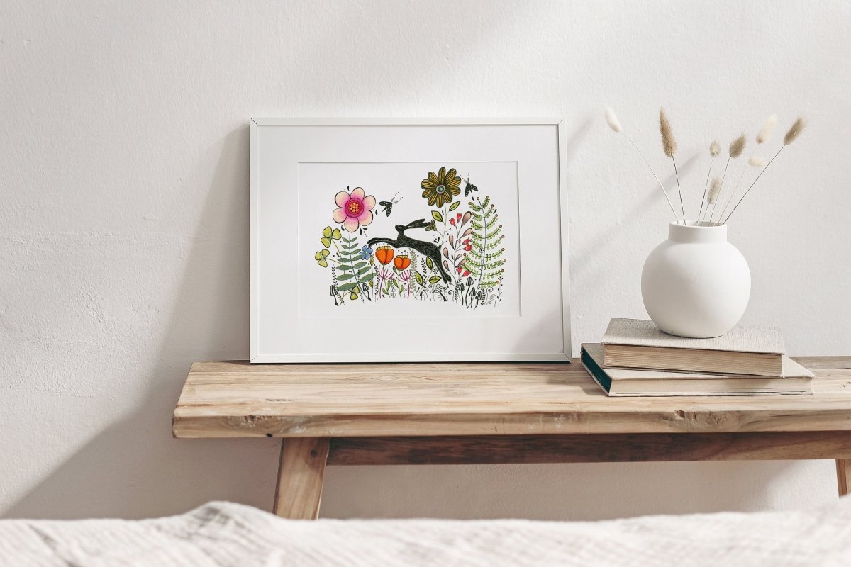 Hare wall art, Hares, Woodland animal print,A4 Art Print, Home Décor, Yellow wall art, Floral wall art, Hare print, Kitchen Print - Erika's Whimsical Art