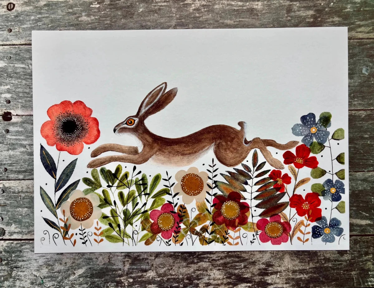 Hare wall art, Hares, Woodland animal print,A4 Art Print, Home Décor, Yellow wall art, Floral wall art, Hare print, Kitchen Print - Erika's Whimsical Art