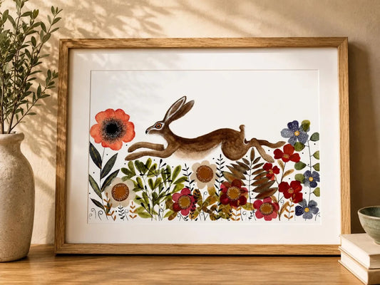 Hare wall art, Hares, Woodland animal print,A4 Art Print, Home Décor, Yellow wall art, Floral wall art, Hare print, Kitchen Print - Erika's Whimsical Art