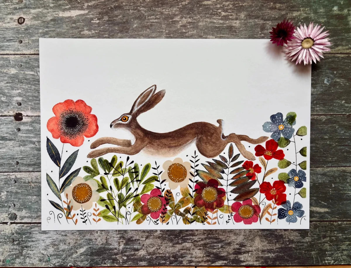Hare wall art, Hares, Woodland animal print,A4 Art Print, Home Décor, Yellow wall art, Floral wall art, Hare print, Kitchen Print - Erika's Whimsical Art