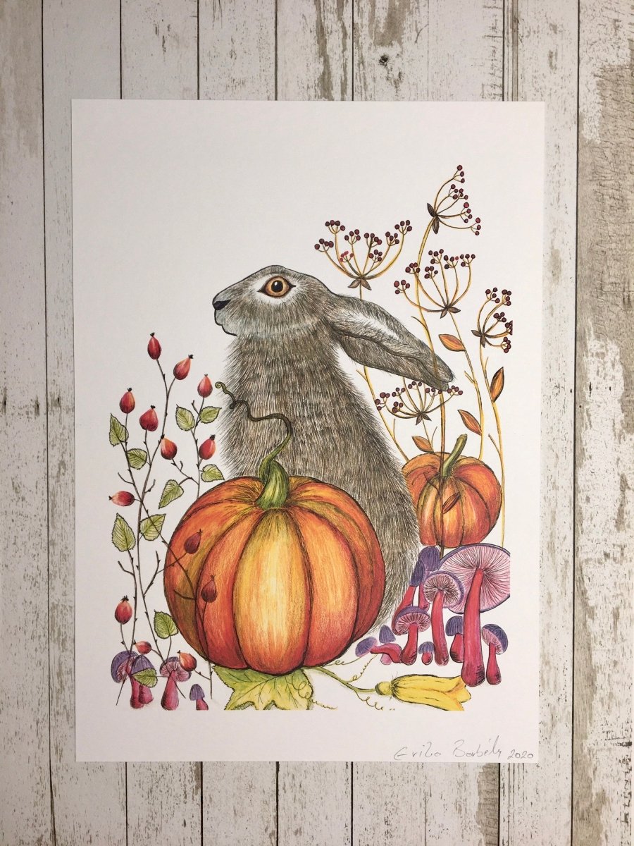 Hare wall art, Hares, Woodland animal print,A4 Art Print,Home Decor, Autumn wall art, Floral wall art, Hare prin, Print, Autumn season - Erika's Whimsical Art