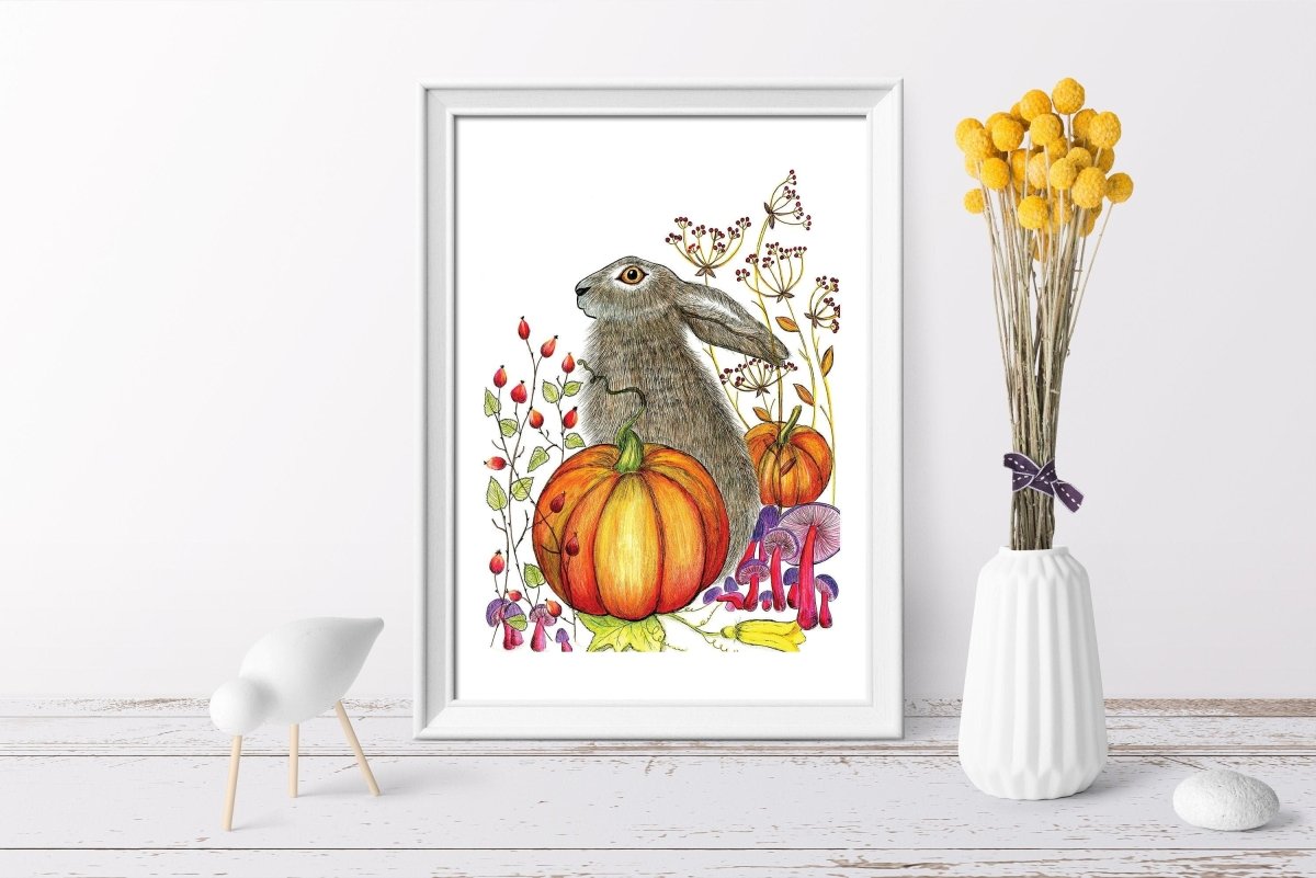 Hare wall art, Hares, Woodland animal print,A4 Art Print,Home Decor, Autumn wall art, Floral wall art, Hare prin, Print, Autumn season - Erika's Whimsical Art