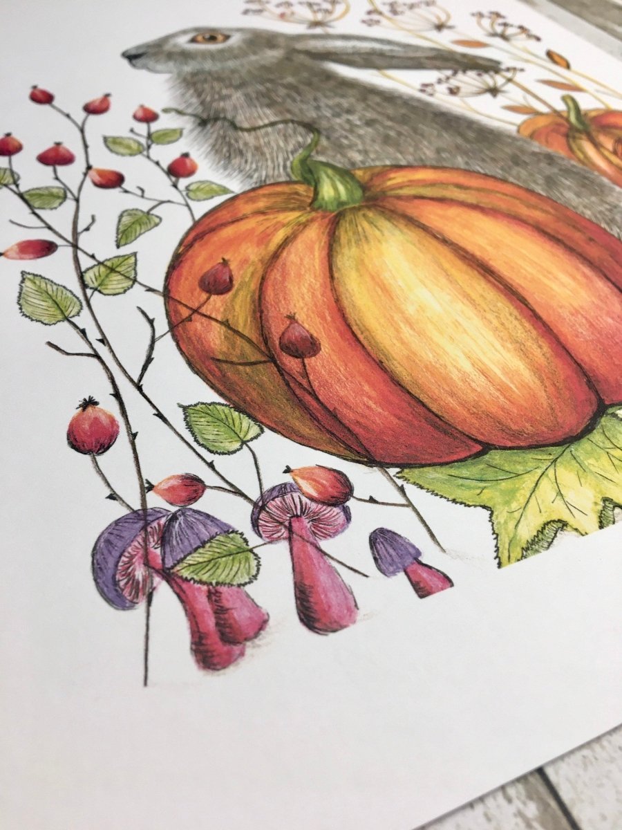 Hare wall art, Hares, Woodland animal print,A4 Art Print,Home Decor, Autumn wall art, Floral wall art, Hare prin, Print, Autumn season - Erika's Whimsical Art