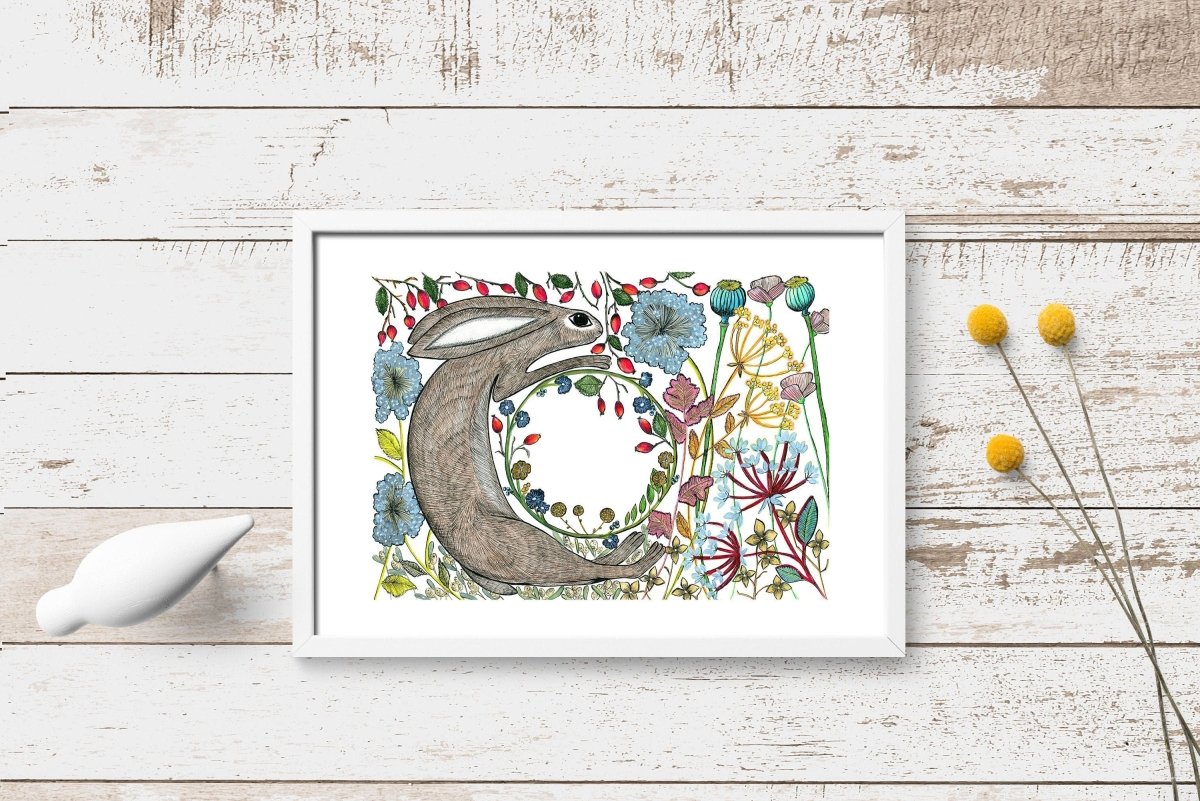 Hare wall art, Hares, Woodland animal print,A4 Art Print,Home Decor, Yellow wall art, Floral wall art, Hare prin, Kitchen Print, Nursery Art - Erika's Whimsical Art