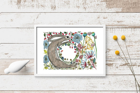 Hare wall art, Hares, Woodland animal print,A4 Art Print,Home Decor, Yellow wall art, Floral wall art, Hare prin, Kitchen Print, Nursery Art - Erika's Whimsical Art