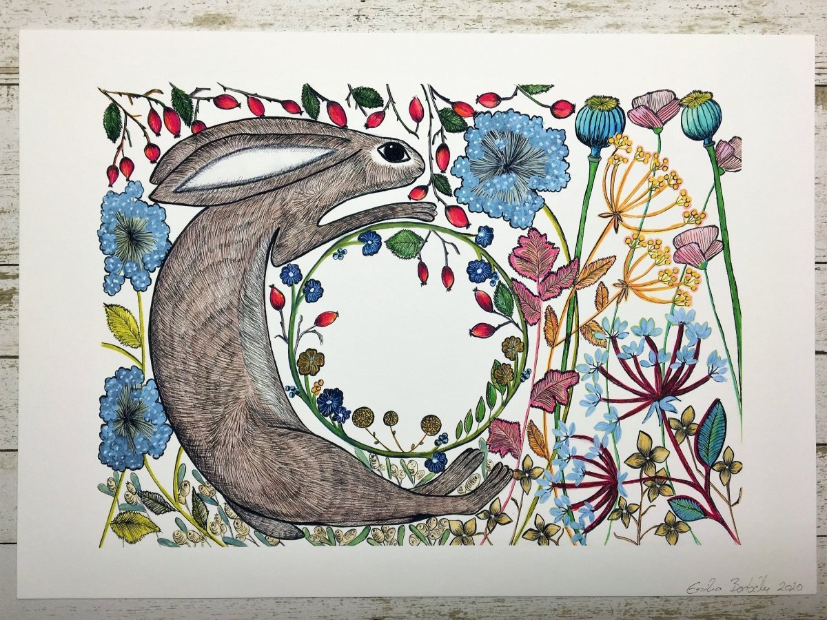 Hare wall art, Hares, Woodland animal print,A4 Art Print,Home Decor, Yellow wall art, Floral wall art, Hare prin, Kitchen Print, Nursery Art - Erika's Whimsical Art