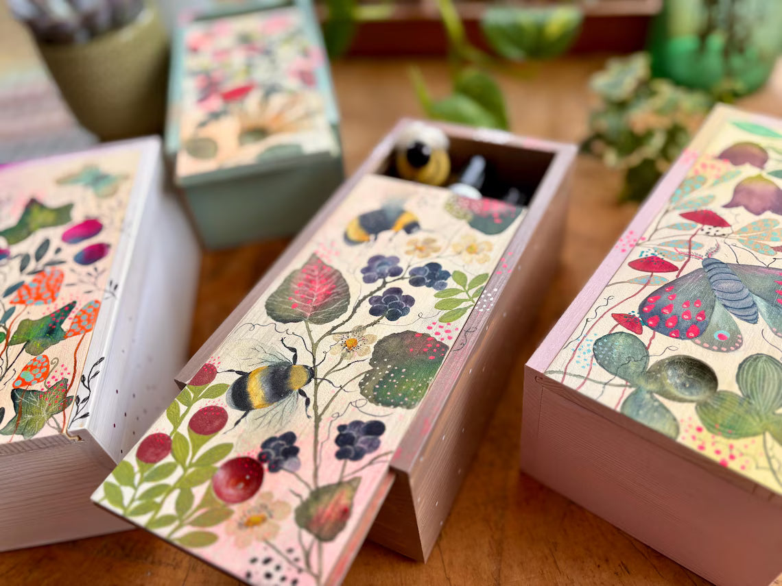 Hand-Painted Botanical Wooden Box • Ivy, Berries & Butterfly