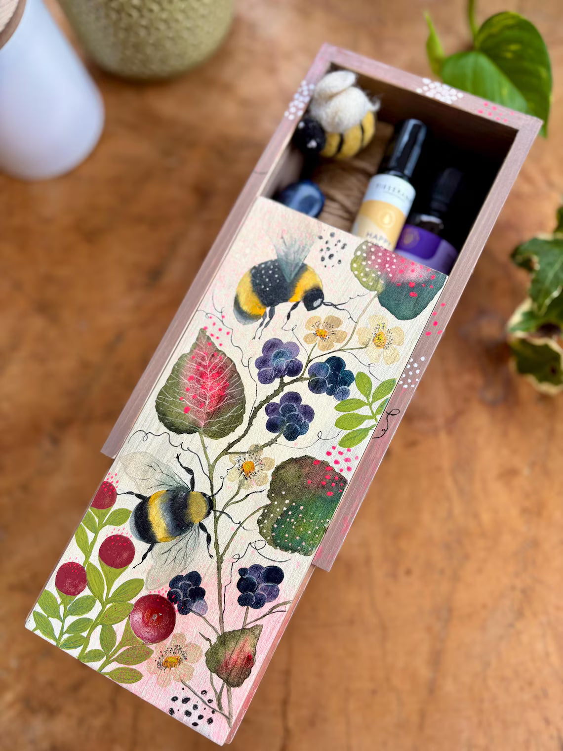 Hand-Painted Wooden Trinket Box – Bumblebee & Berry Nature Art