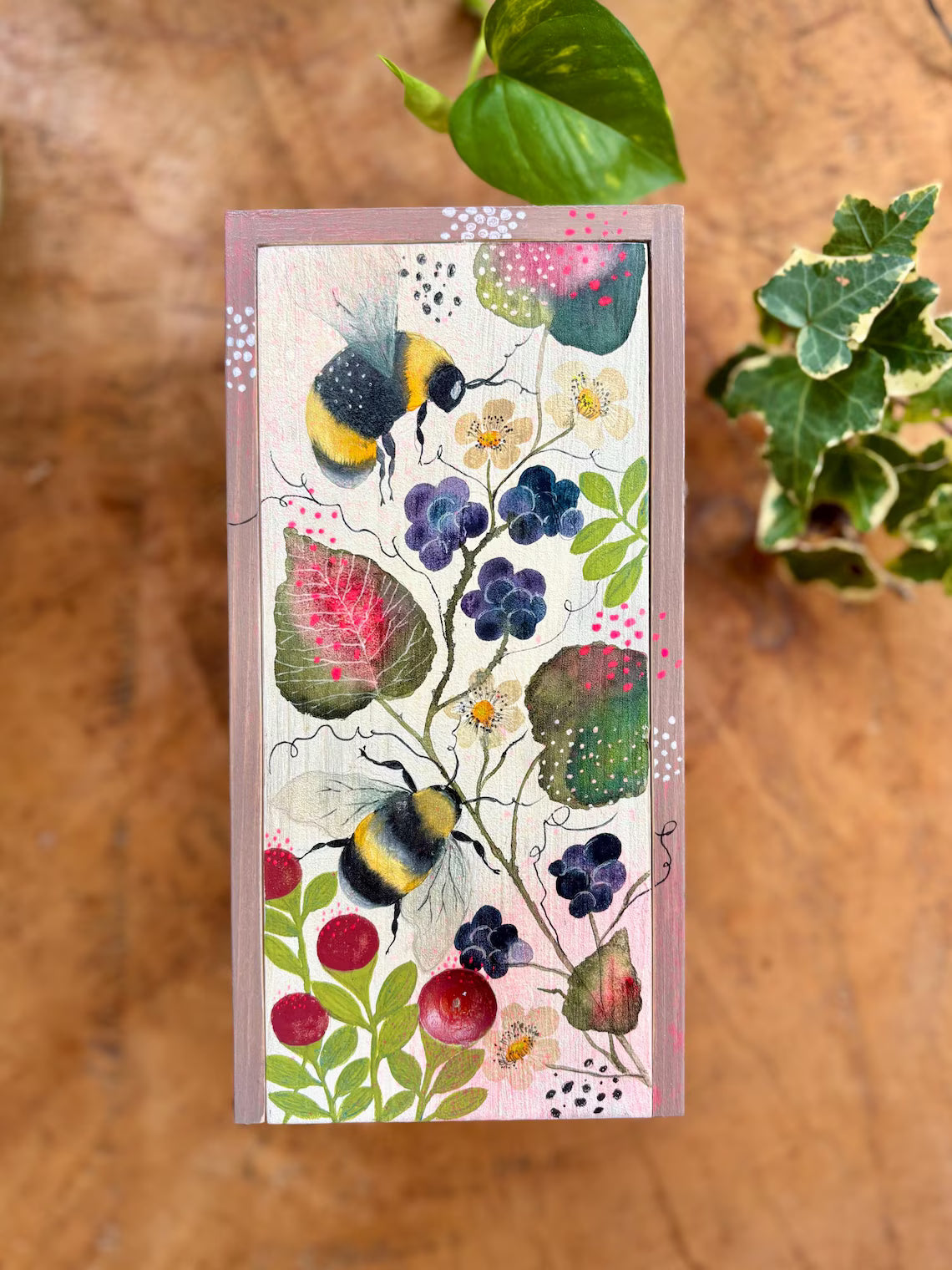 Hand-Painted Wooden Trinket Box – Bumblebee & Berry Nature Art
