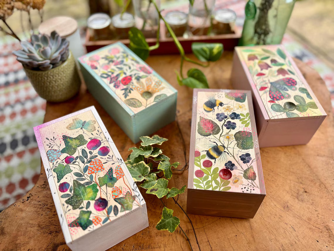 Hand-Painted Botanical Wooden Box • Ivy, Berries & Butterfly