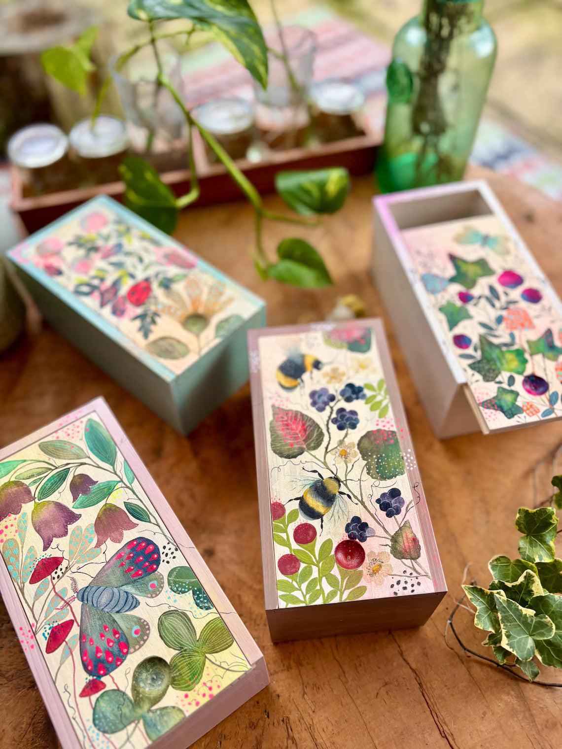 Hand-Painted Botanical Wooden Box • Ivy, Berries & Butterfly