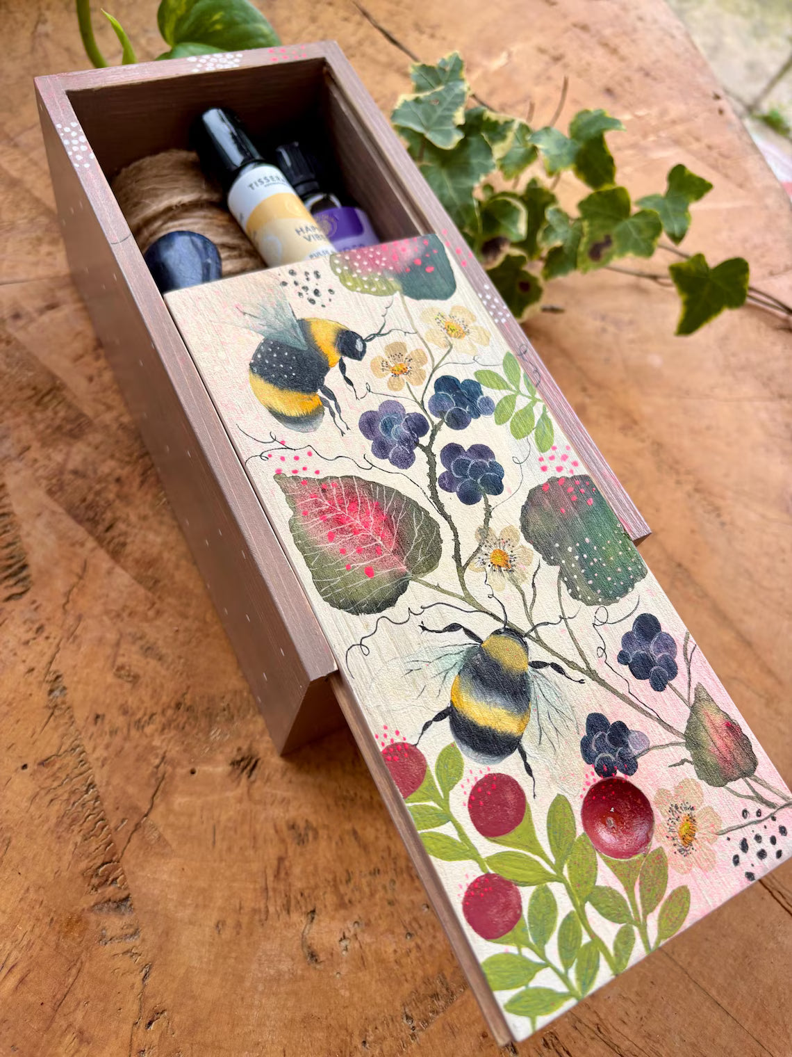 Hand-Painted Wooden Trinket Box – Bumblebee & Berry Nature Art