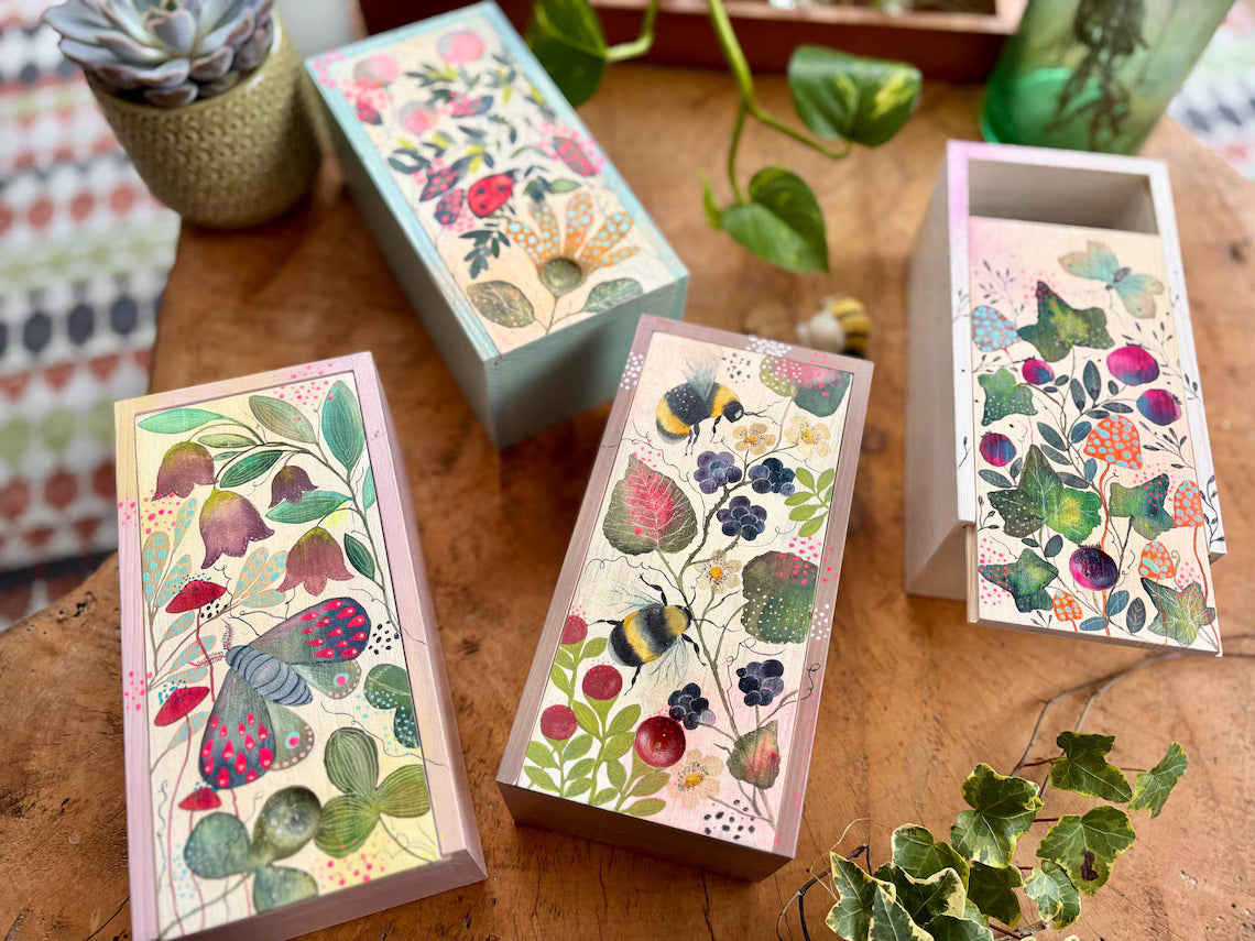 Hand-Painted Botanical Wooden Box • Ivy, Berries & Butterfly