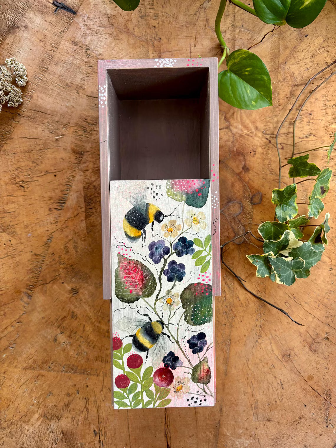 Hand-Painted Wooden Trinket Box – Bumblebee & Berry Nature Art