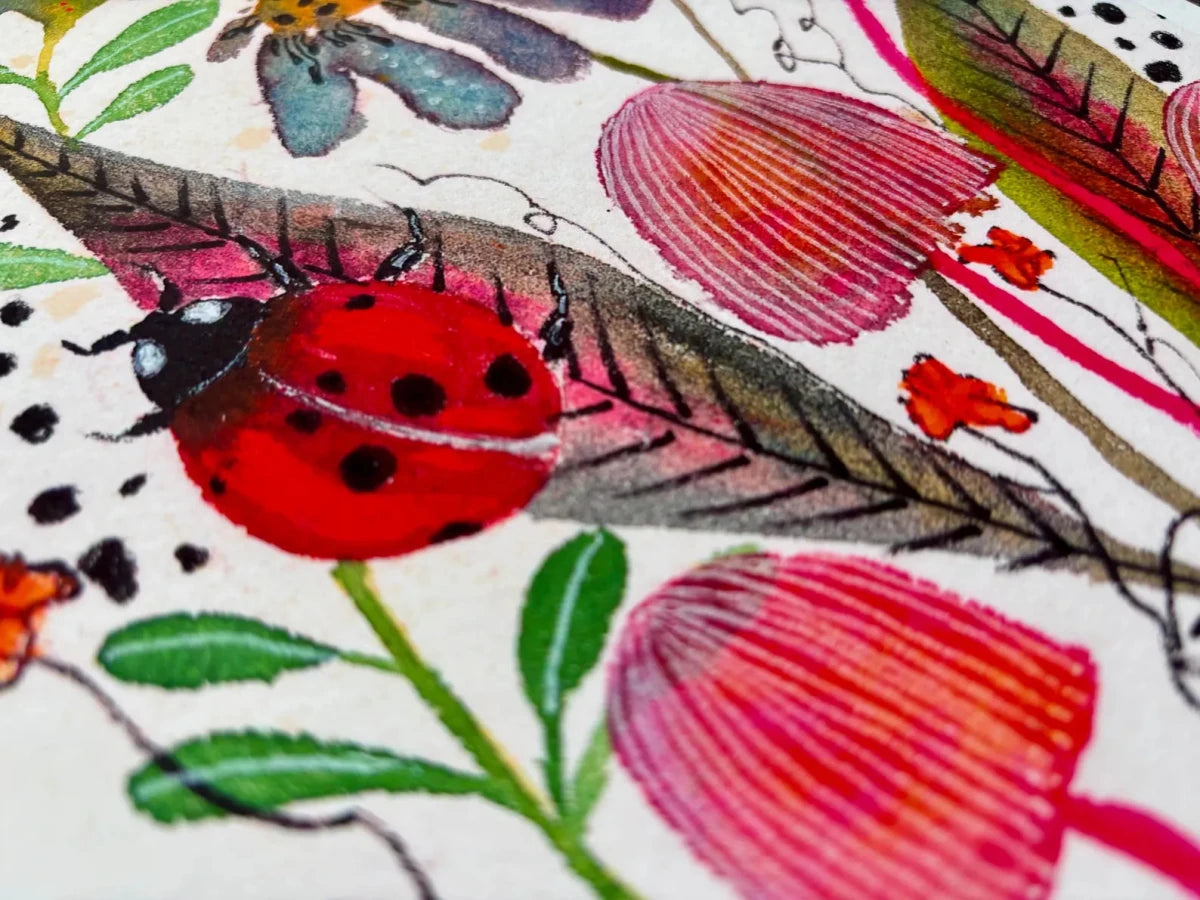 Ladybird's Garden – Ladybird Wall Art, Watercolour Ladybug Print, Woodland Botanical Illustration, Cottagecore Home Decor, A4 Art Print, Unframed - Erika's Whimsical Art