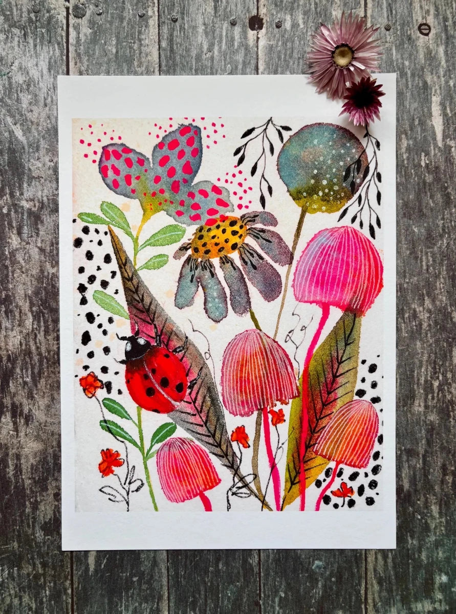 Ladybird's Garden – Ladybird Wall Art, Watercolour Ladybug Print, Woodland Botanical Illustration, Cottagecore Home Decor, A4 Art Print, Unframed - Erika's Whimsical Art