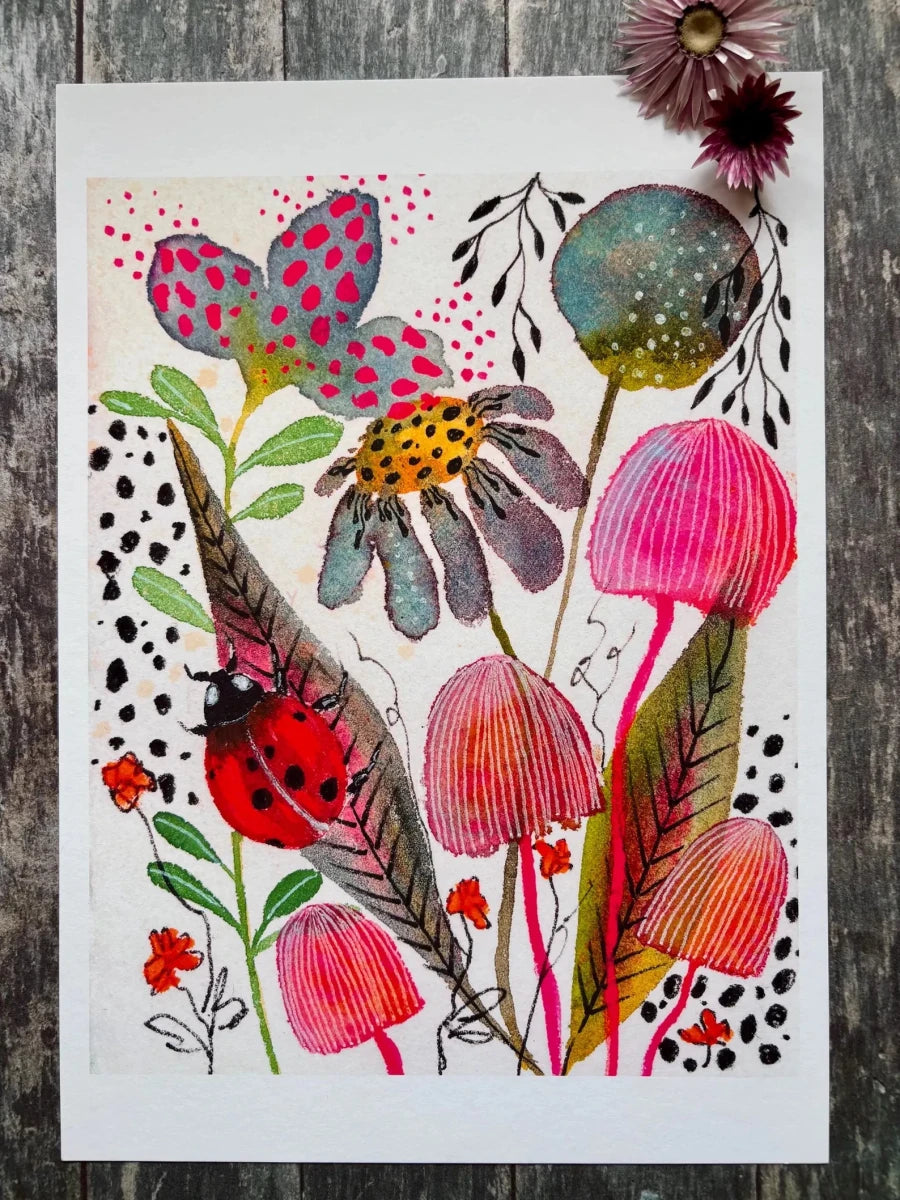 Ladybird's Garden – Ladybird Wall Art, Watercolour Ladybug Print, Woodland Botanical Illustration, Cottagecore Home Decor, A4 Art Print, Unframed - Erika's Whimsical Art
