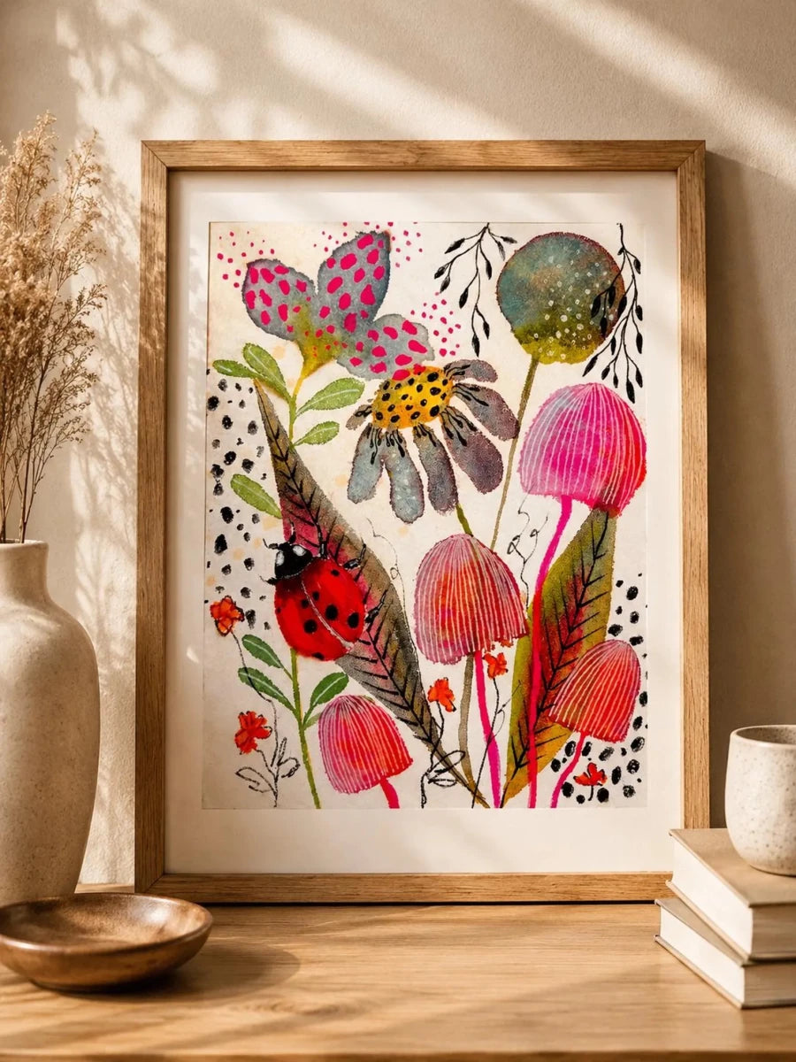 Ladybird's Garden – Ladybird Wall Art, Watercolour Ladybug Print, Woodland Botanical Illustration, Cottagecore Home Decor, A4 Art Print, Unframed - Erika's Whimsical Art