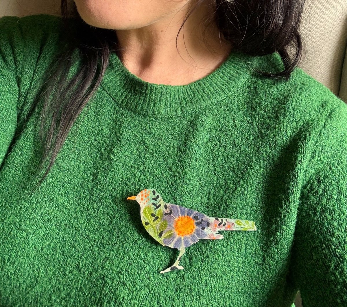 Large Wooden Bird Brooch - Hand painted Jewellery - Nature inspired wooden Bird pin - Wooden brooch - Woodland gift - Nature lover - Gift for her - Erika's Whimsical Art