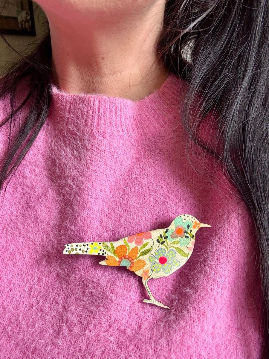 Large Wooden Bird Brooch - Hand painted Jewellery - Nature inspired wooden Bird pin - Wooden brooch - Woodland gift - Nature lover - Gift for her - Erika's Whimsical Art