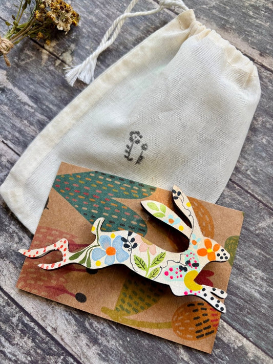 Large Wooden Hare Brooch - Hand painted Jewellery - Nature inspired wooden pin - Erika's Whimsical Art