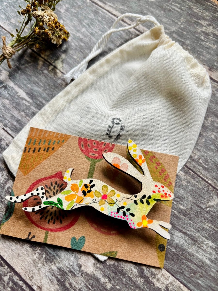 Large Wooden Hare Brooch - Hand painted Jewellery - Nature inspired wooden pin - Wooden brooch - Woodland gift - Nature lover - Gift for her - Erika's Whimsical Art