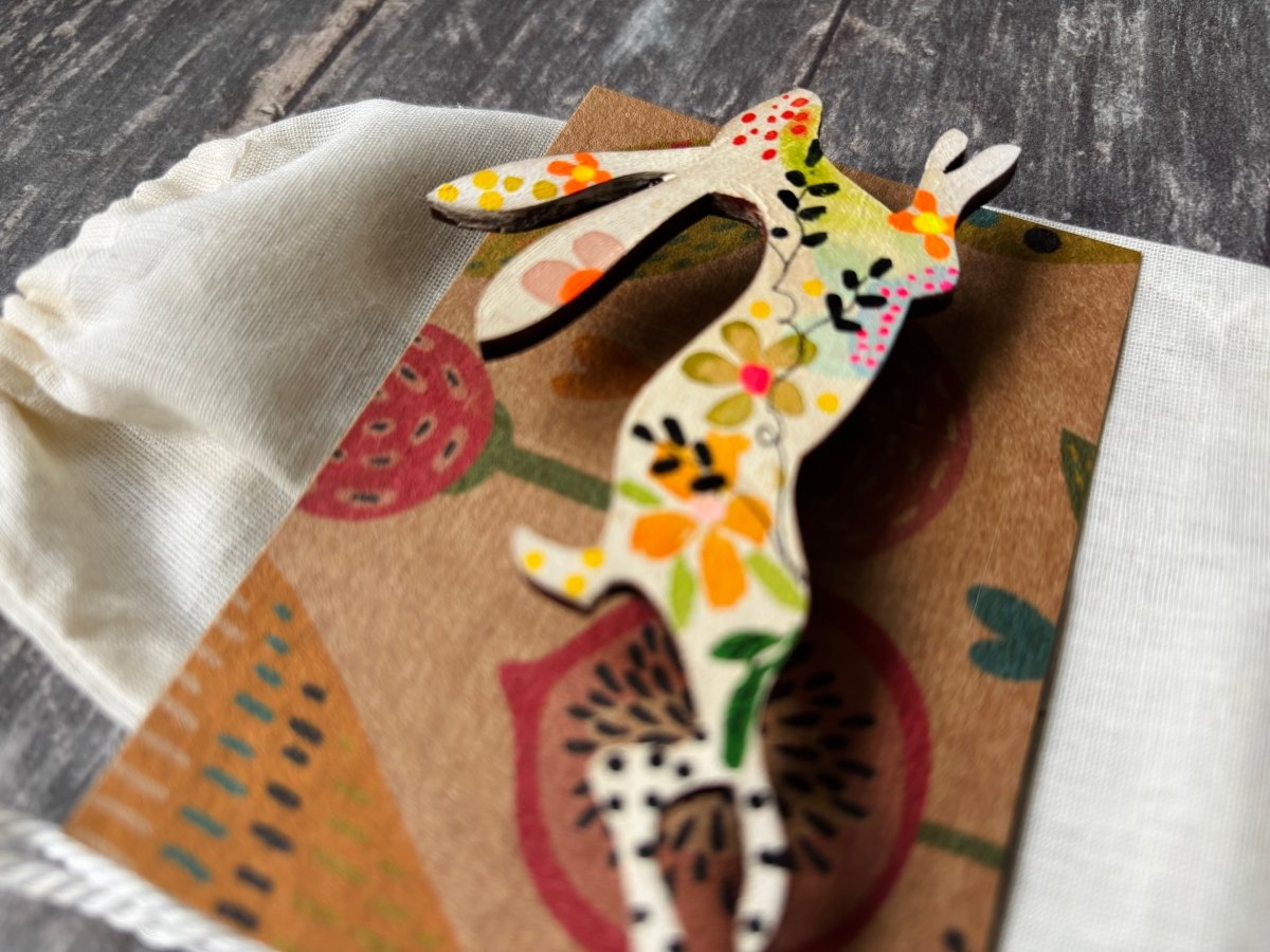 Large Wooden Hare Brooch - Hand painted Jewellery - Nature inspired wooden pin - Wooden brooch - Woodland gift - Nature lover - Gift for her - Erika's Whimsical Art