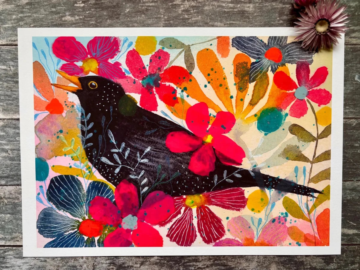 Midnight Blackbird Garden – Blackbird Wall Art, Colourful Watercolour Bird Print, Floral Botanical Illustration, Cottage core Home Décor, Woodland Bird Art, A4 Art Print, Unframed - Erika's Whimsical Art