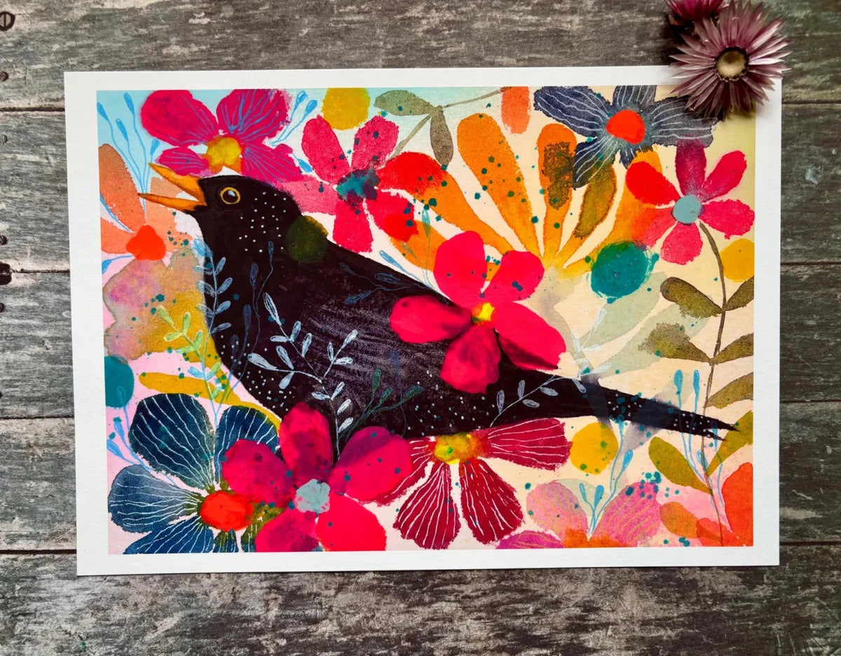Midnight Blackbird Garden – Blackbird Wall Art, Colourful Watercolour Bird Print, Floral Botanical Illustration, Cottage core Home Décor, Woodland Bird Art, A4 Art Print, Unframed - Erika's Whimsical Art