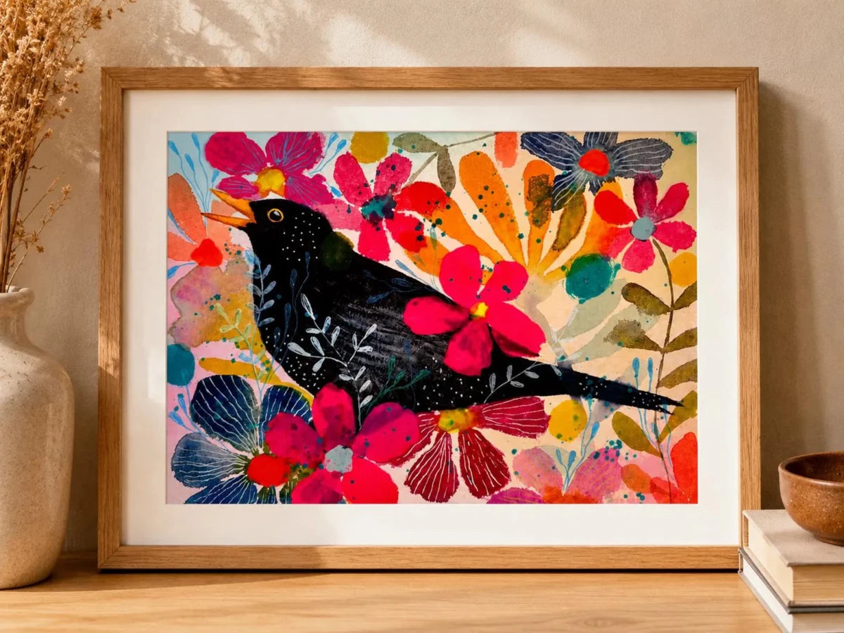 Midnight Blackbird Garden – Blackbird Wall Art, Colourful Watercolour Bird Print, Floral Botanical Illustration, Cottage core Home Décor, Woodland Bird Art, A4 Art Print, Unframed - Erika's Whimsical Art