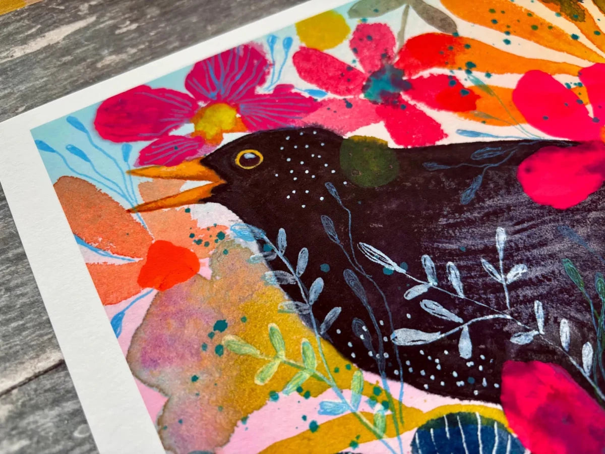 Midnight Blackbird Garden – Blackbird Wall Art, Colourful Watercolour Bird Print, Floral Botanical Illustration, Cottage core Home Décor, Woodland Bird Art, A4 Art Print, Unframed - Erika's Whimsical Art