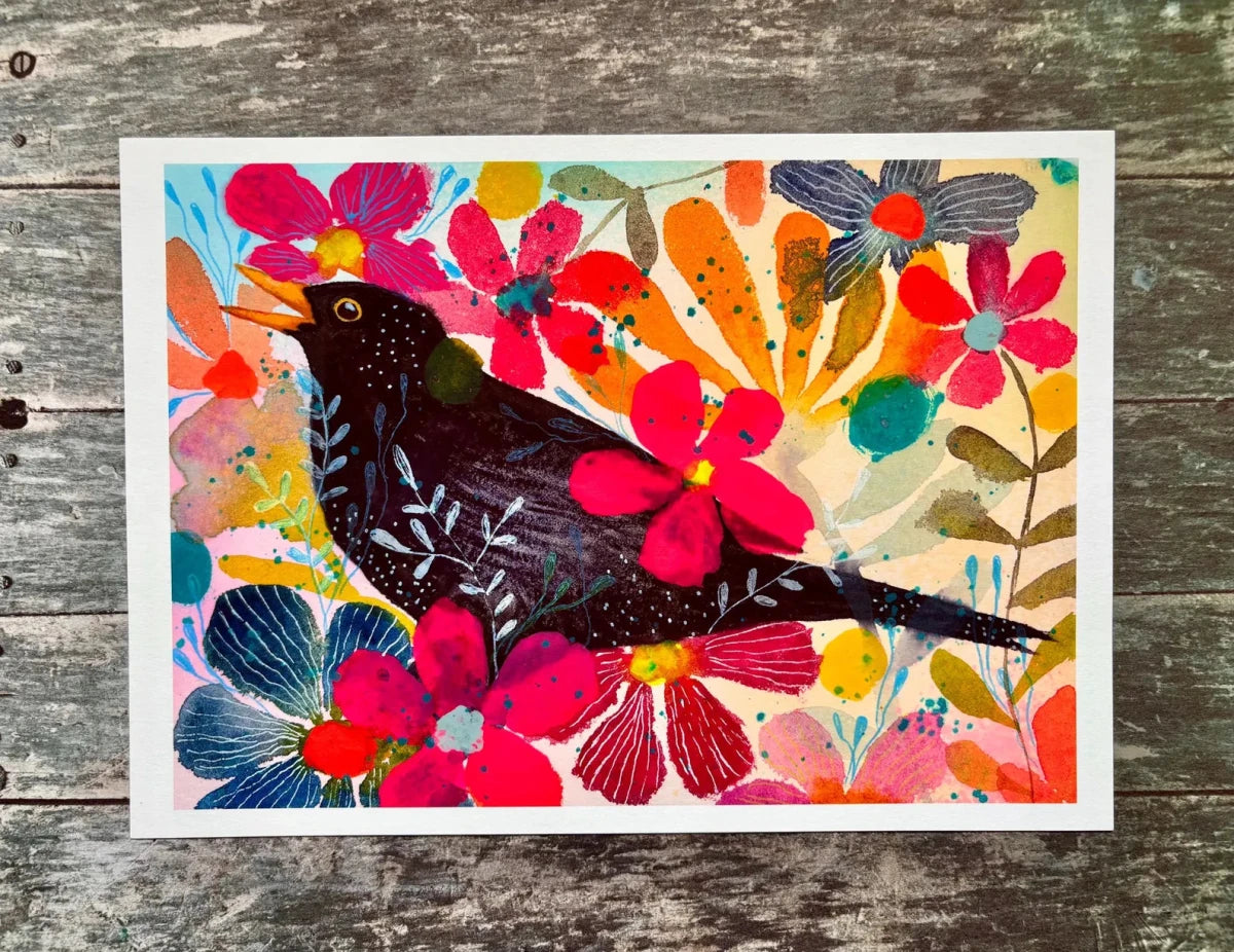 Midnight Blackbird Garden – Blackbird Wall Art, Colourful Watercolour Bird Print, Floral Botanical Illustration, Cottage core Home Décor, Woodland Bird Art, A4 Art Print, Unframed - Erika's Whimsical Art
