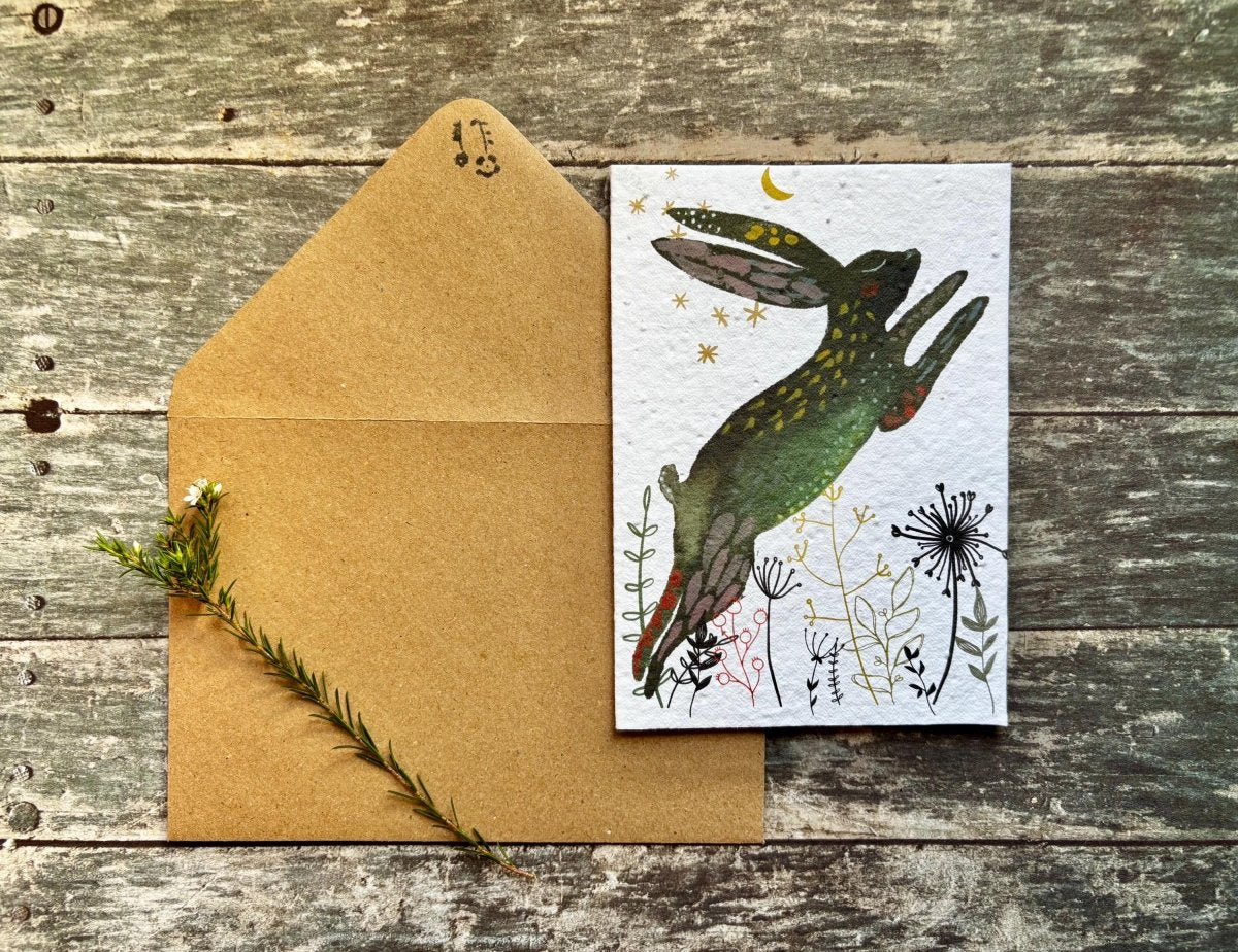 Moon Hare Seed Paper Card – Plantable Wildflower Greeting Card - Erika's Whimsical Art